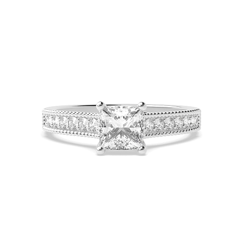 4 Prong Princess Milligrain shoulder set Side Stone Engagement Rings
