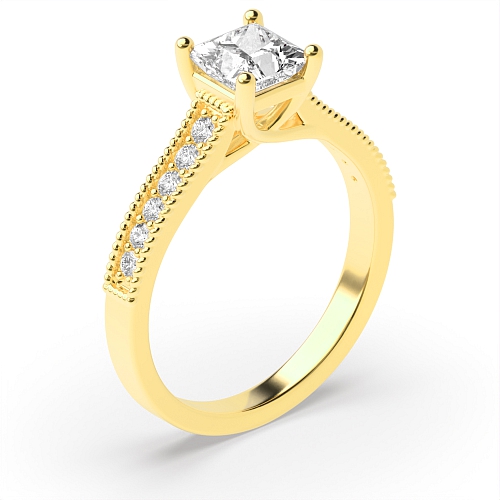 4 Prong Princess Yellow Gold Milligrain shoulder set Engagement Rings