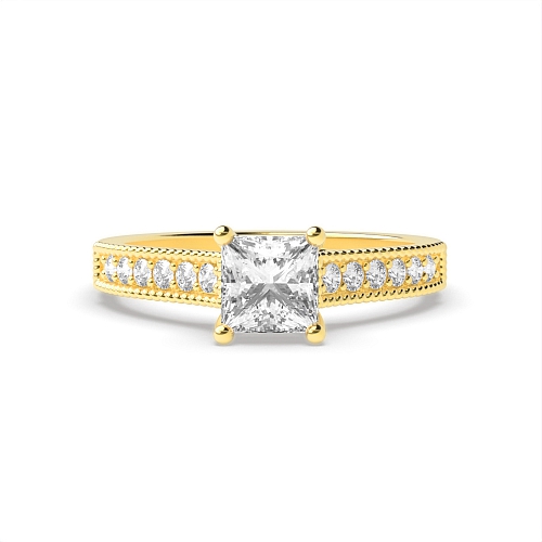 4 Prong Princess Yellow Gold Milligrain shoulder set Engagement Rings