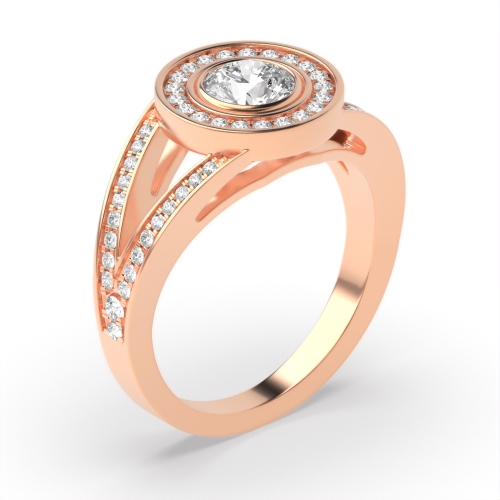 Bezel Setting Round Rose Gold Split shank Halo Engagement Rings