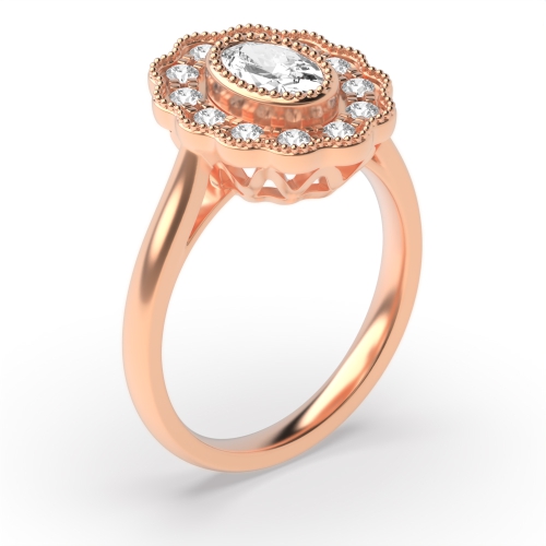 Bezel Setting Oval Rose Gold Miligrain flower Vintage Wedding Engagement Rings