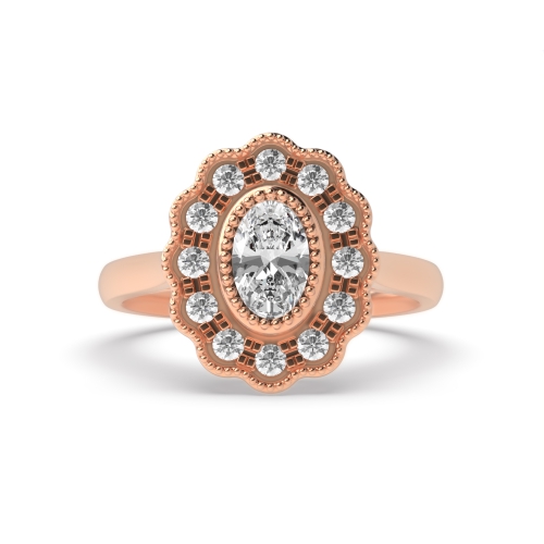 Bezel Setting Oval Rose Gold Miligrain flower Vintage Wedding Engagement Rings