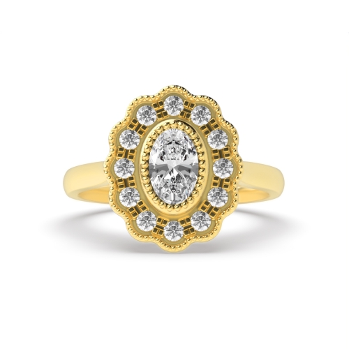 Bezel Setting Oval Yellow Gold Miligrain flower Antique Engagement Rings