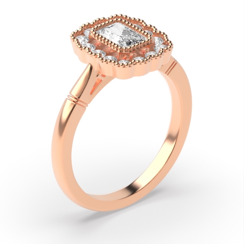 Bezel Setting Radiant Shape Miligrain Halo Diamond Engagement Rings