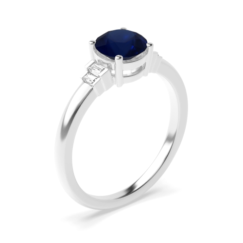 Round With baguette Blue Sapphire Engagement Rings