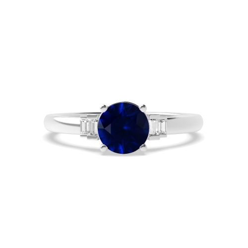 Round With baguette Blue Sapphire Engagement Rings