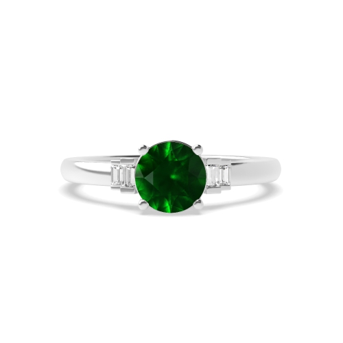 4 Prong Round With baguette Emerald Antique Engagement Rings