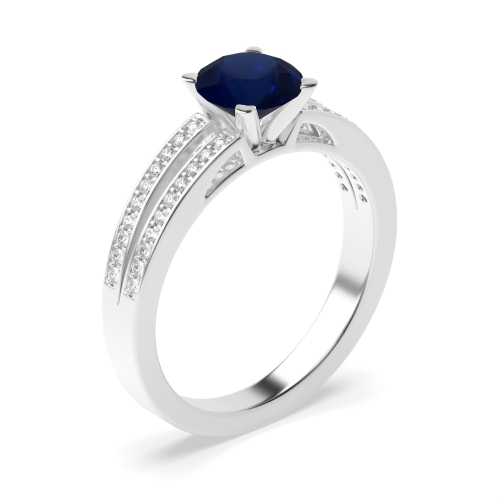 4 Prong Round Two channels Blue Sapphire Engagement Rings