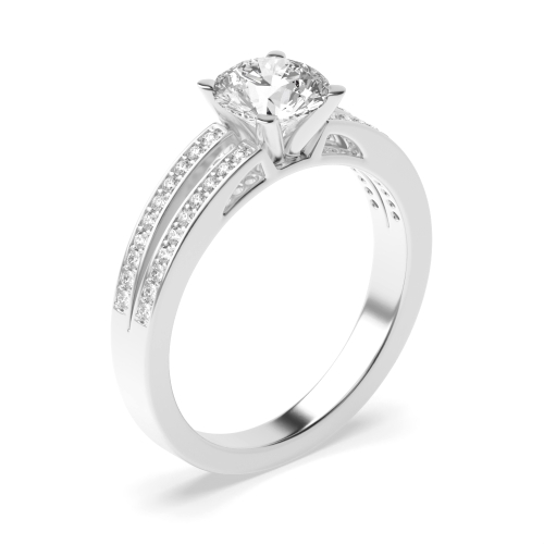 4 Prong Round Silver Two channels Side Stone Engagement Rings