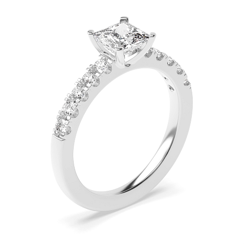 4 Prong Princess Silver Open set square claws Side Stone Engagement Rings