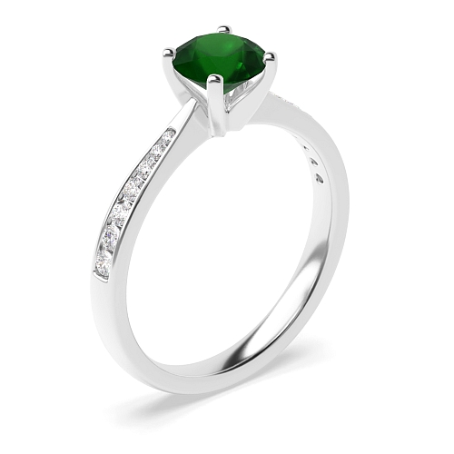 4 Prong Classic tapered shank Emerald Side Stone Engagement Rings