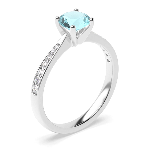 4 Prong Tapered Shank Side Stone Aquamarine Solitaire Engagement Ring