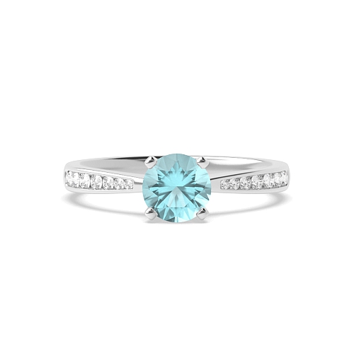 4 Prong Tapered Shank Side Stone Aquamarine Solitaire Engagement Ring