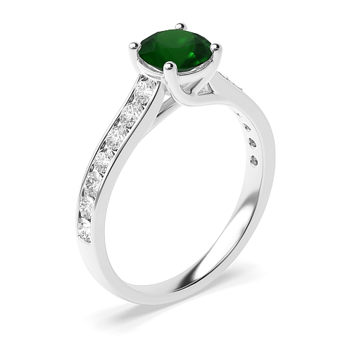 4 Prong Round High set Emerald Side Stone Engagement Rings