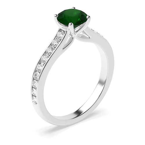4 Prong Round Raised set Emerald Side Stone Engagement Rings