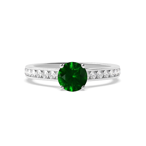 4 Prong Round Raised set Emerald Side Stone Engagement Rings