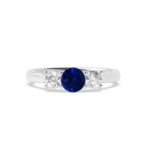 4 Prong Round Cross Over Claws Blue Sapphire Three Stone Diamond Ring