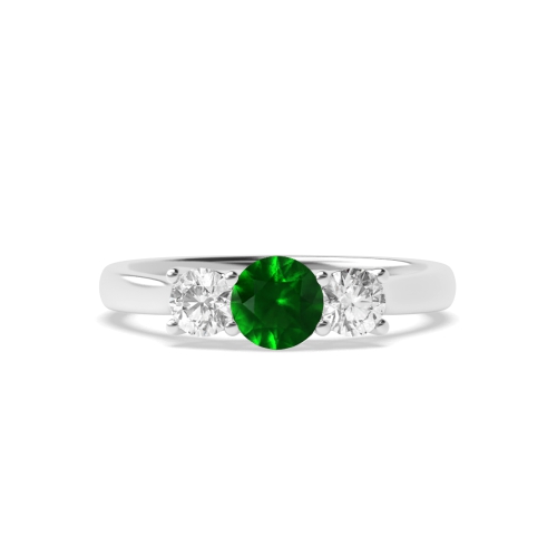4 Prong Round Cross Over Claws Emerald Three Stone Diamond Ring