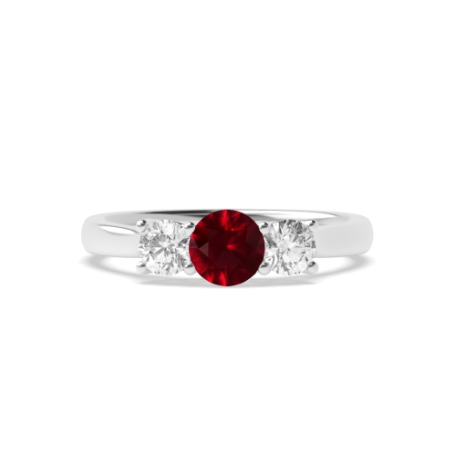 4 Prong Round Cross Over Claws Ruby Three Stone Diamond Ring