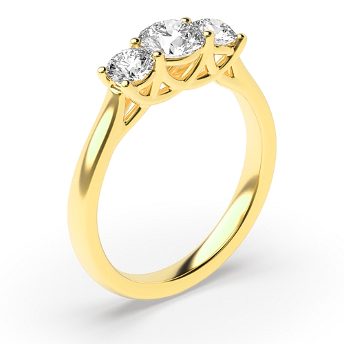 4 Prong Round Yellow Gold Cross Over Claws Three Stone Engagement Ring