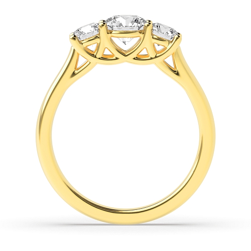 4 Prong Round Yellow Gold Cross Over Claws Three Stone Engagement Ring