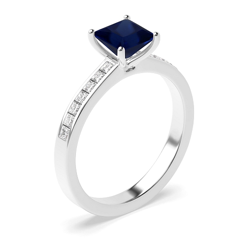 4 Prong Princess Solid shoulder Blue Sapphire Engagement Rings