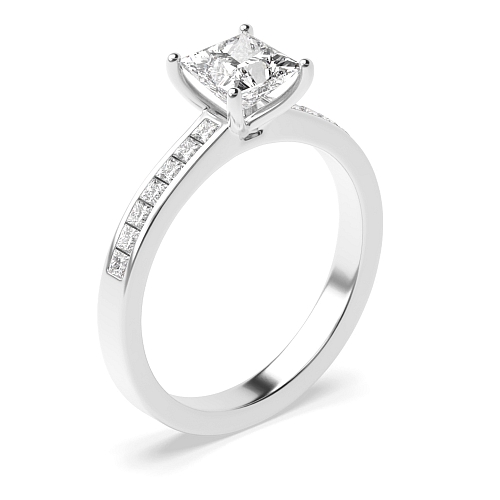 4 Prong Princess Silver Solid shoulder Side Stone Engagement Rings