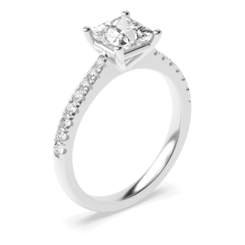 4 Prong Princess Silver Accented Side Stone Engagement Rings