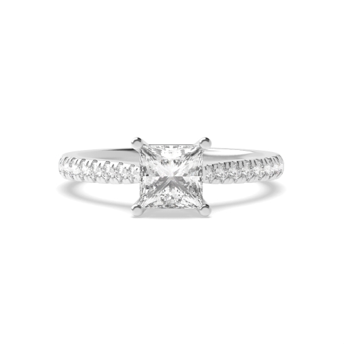 4 Prong Princess Silver Accented Side Stone Engagement Rings