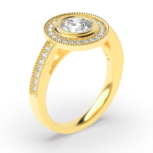 Bezel Setting Round Shape Miligrain Halo Diamond Engagement Rings