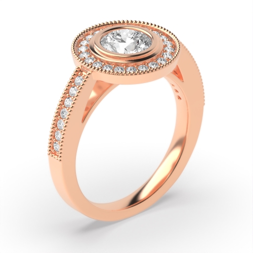 Bezel Setting Round Rose Gold Miligrain Halo Engagement Rings