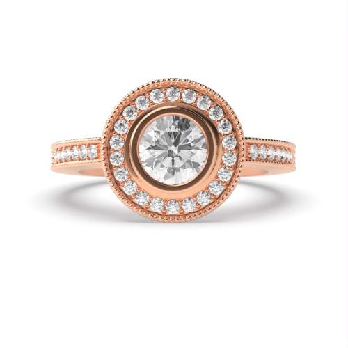 Bezel Setting Round Rose Gold Miligrain Halo Engagement Rings