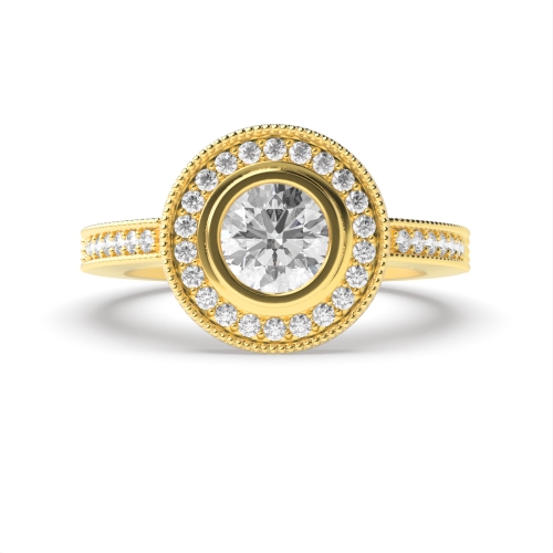 Bezel Setting Round Yellow Gold Miligrain Engagement Rings
