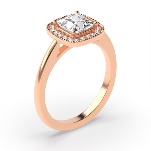 4 Prong Princess Rose Gold Miligrain edge Halo Engagement Rings