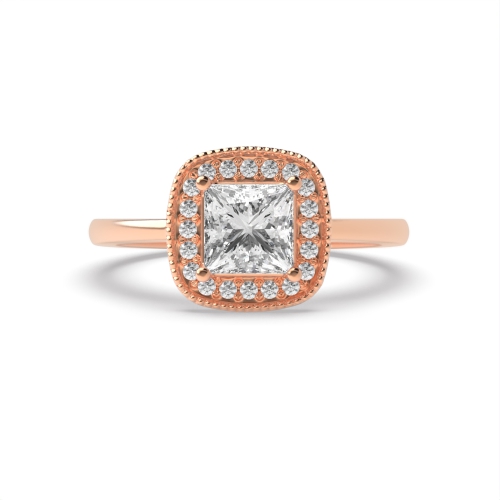 4 Prong Princess Rose Gold Miligrain edge Halo Engagement Rings