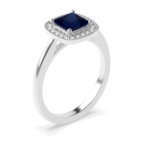 4 Prong Princess Miligrain edge Blue Sapphire Engagement Rings