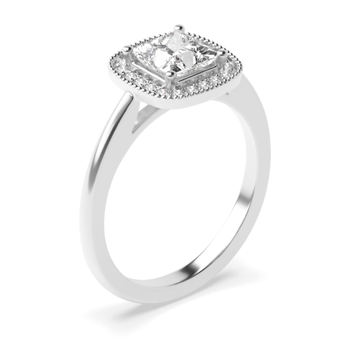 4 Prong Princess Platinum Miligrain edge Halo Engagement Rings