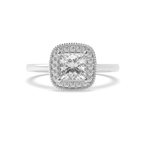 4 Prong Princess Platinum Miligrain edge Halo Engagement Rings
