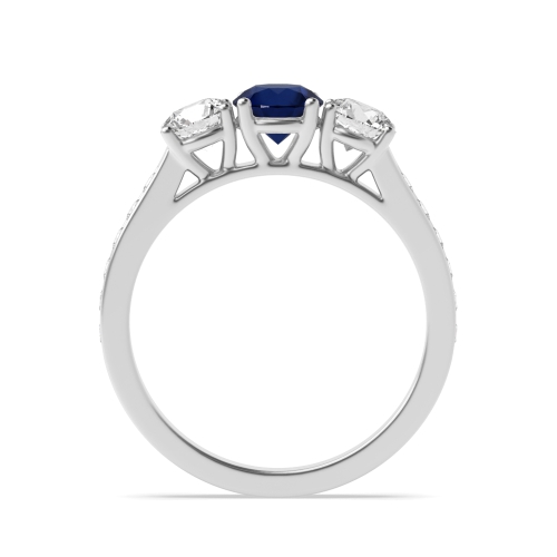 4 Prong Round High Shoulder Set Blue Sapphire Three Stone Diamond Ring