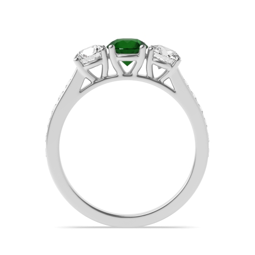 4 Prong Round High Shoulder Set Emerald Three Stone Diamond Ring