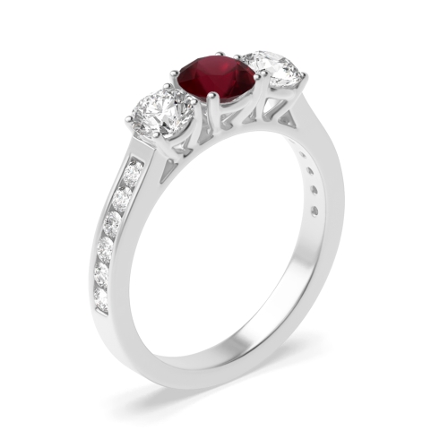 4 Prong Round High Shoulder Set Ruby Three Stone Diamond Ring