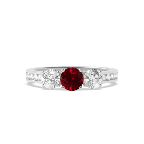 4 Prong Round High Shoulder Set Ruby Three Stone Diamond Ring