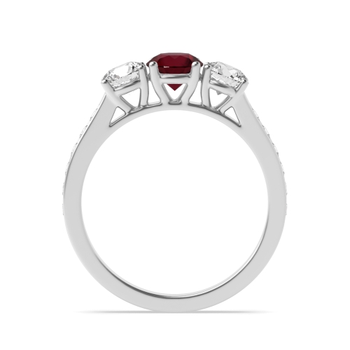 4 Prong Round High Shoulder Set Ruby Three Stone Diamond Ring