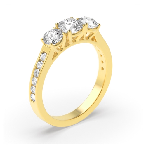 4 Prong Round Yellow Gold High Shoulder Set Three Stone Engagement Ring