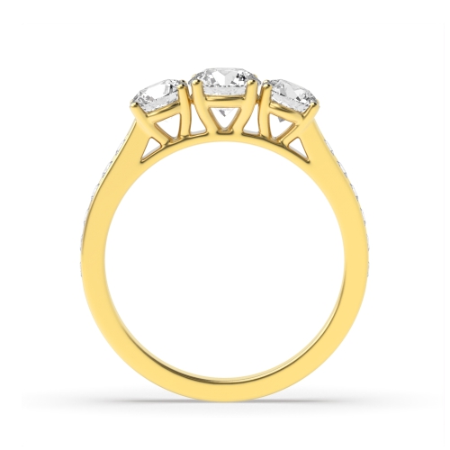 4 Prong Round Yellow Gold High Shoulder Set Three Stone Engagement Ring