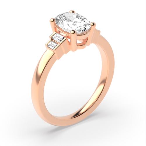 4 Prong Oval Rose Gold Step baguettes shank Side Stone Engagement Rings