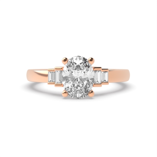 4 Prong Oval Rose Gold Step baguettes shank Side Stone Engagement Rings