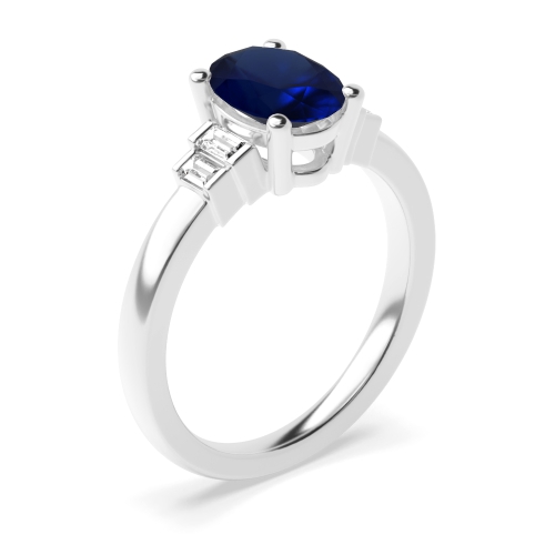 4 Prong Oval Step baguettes shank Blue Sapphire Engagement Rings