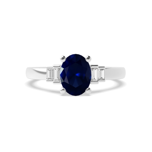 4 Prong Oval Step baguettes shank Blue Sapphire Engagement Rings