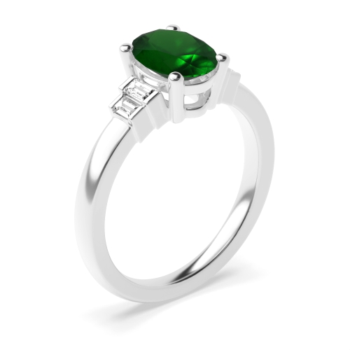 4 Prong Oval Step baguettes shank Emerald Side Stone Engagement Rings